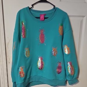 QUEEN OF SPARKLES Teal Sequin Bug Sweatshirt